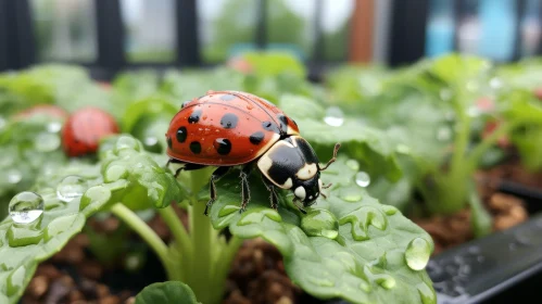 Beautiful Ladybug on Wet Leaf