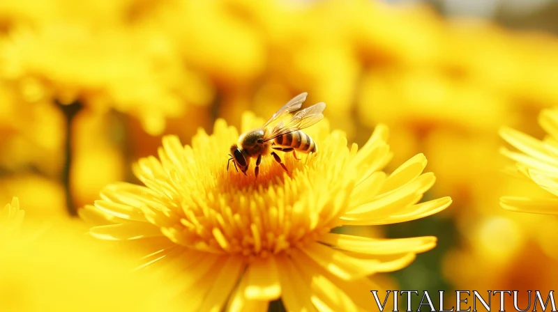 Bee on Yellow Flower in Nature Field AI Image