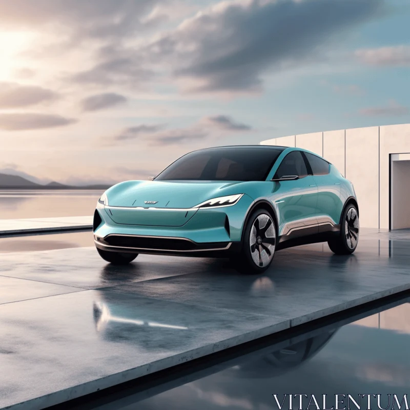 Blue Futuristic Electric Car on Beach | High-Tech Futurism AI Image