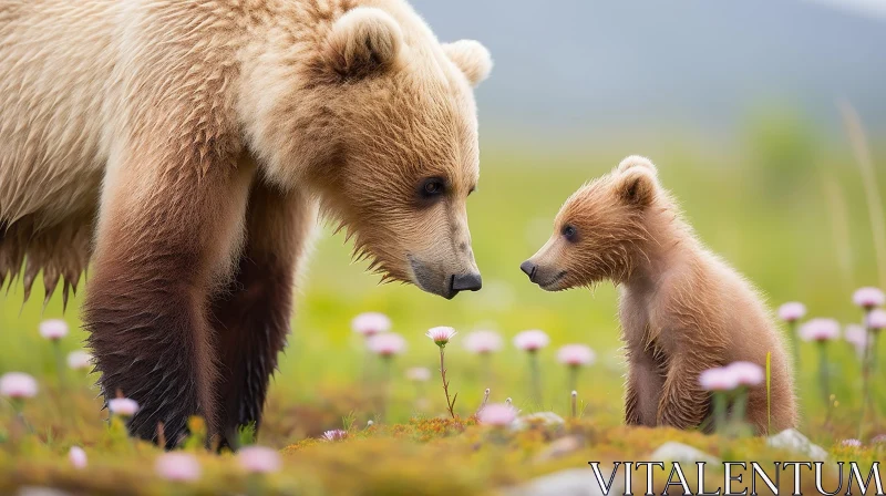 AI ART Brown Bear and Cub in Majestic Field of Flowers