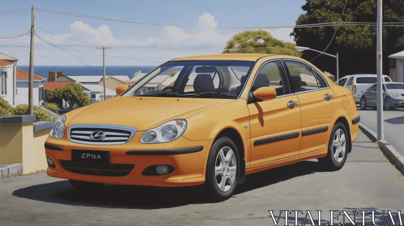 Captivating Hyperrealistic Art: Orange Sedan on Street AI Image
