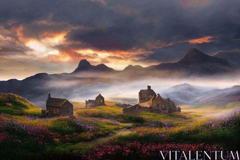 Captivating Painting of Clouds and Village Surrounded by Flowers | Realistic Fantasy Artwork AI Image