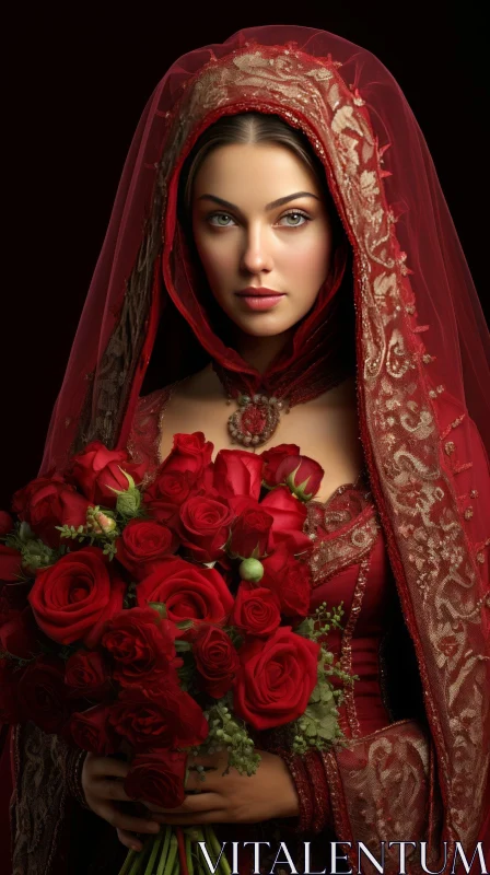 Elegant Woman in Red Dress with Roses Bouquet AI Image