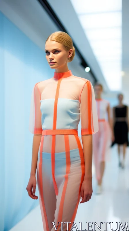 Fashion Model in Translucent Geometric Striped Dress AI Image