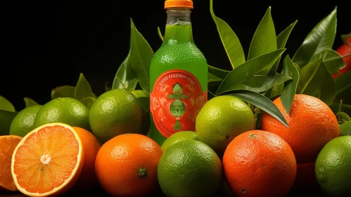 Green Sparkling Water Bottle with Citrus Fruits - Still Life Composition