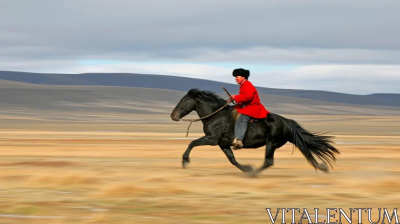 Riding a Black Horse in an Open Field - Captivating Image AI Image