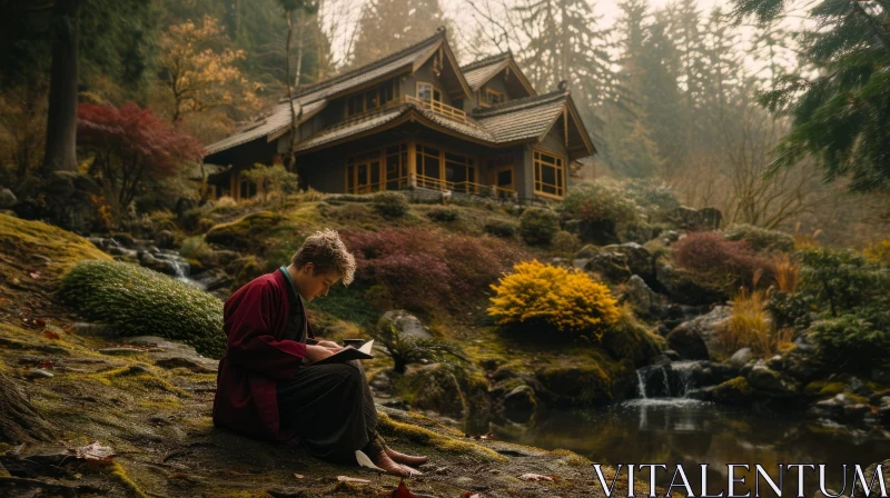 Serene Japanese Garden: Young Man Reading in Lush Surroundings AI Image
