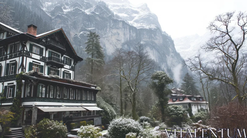 Snow-Covered Mountain Landscape with Traditional Swiss Hotel AI Image