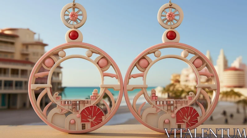 Stylish Pink and White Plastic Circle Earrings with Red Ball Detail AI Image