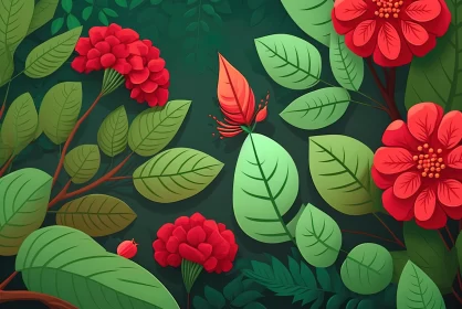 Vibrant Red Flowers and Green Leaves in a Mysterious Backdrop