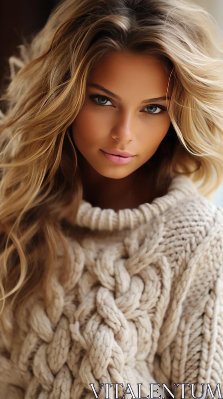 Young Blonde Woman Portrait with Green Eyes in Beige Sweater AI Image