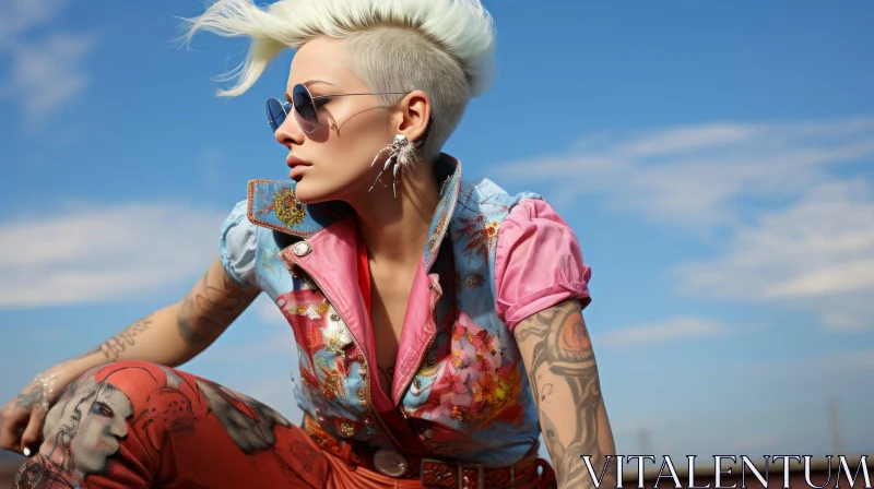 Young Woman with Blonde Hair and Tattoos on Rooftop AI Image