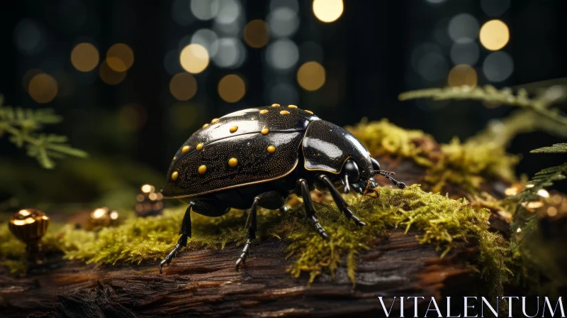 AI ART Black and Gold Beetle Close-up on Mossy Log