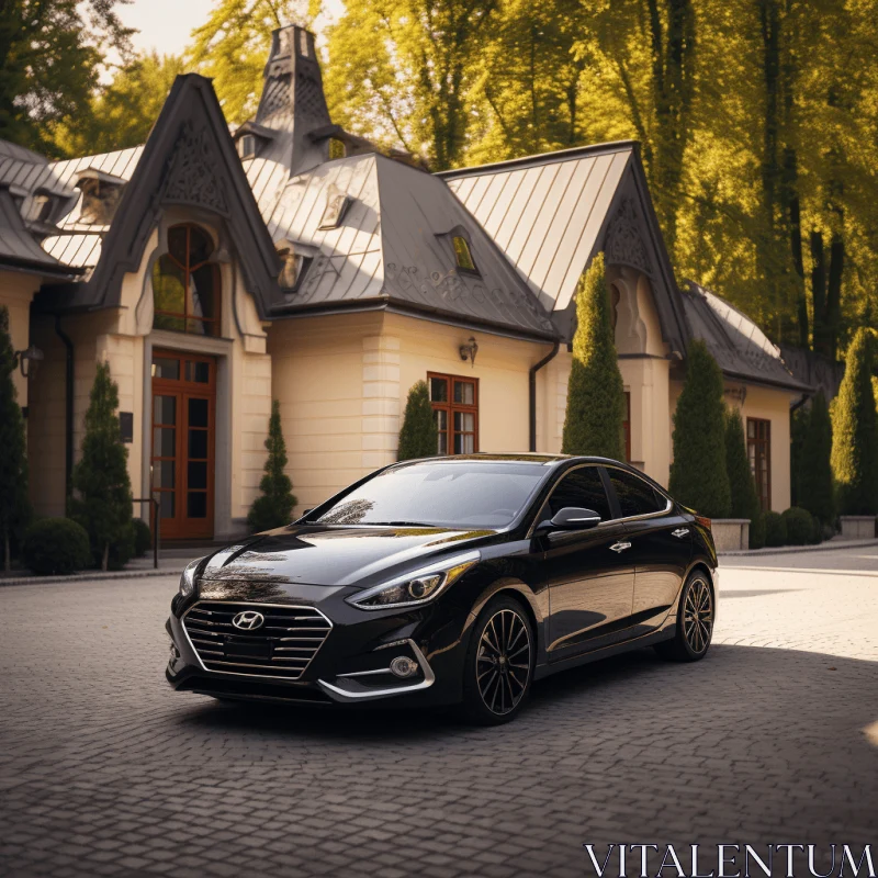 Black Sedan parked in front of a Mansion - Refined Technique and Cabincore Aesthetics AI Image