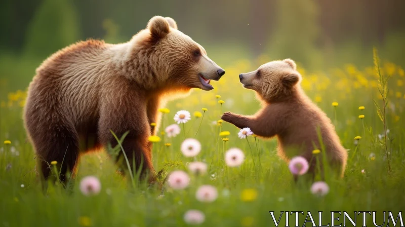 AI ART Brown Bear and Cub in Field of Flowers