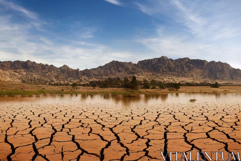 Captivating Desert Landscape with Cracked Land and Majestic Mountains AI Image