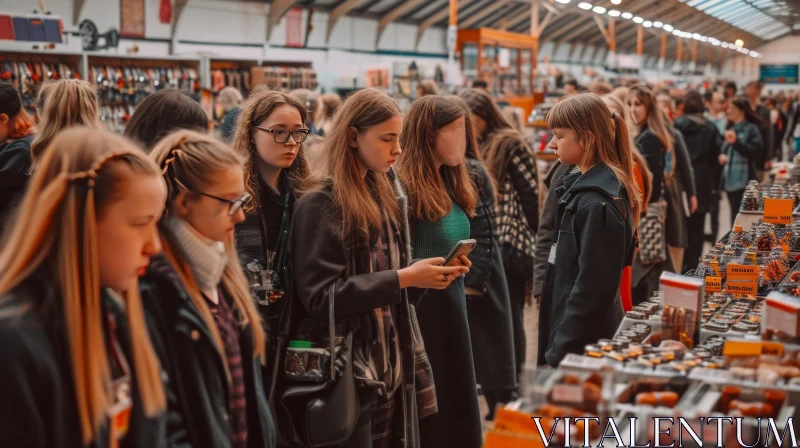 Captivating Moments in an Indoor Market: Young Women Engrossed in a Food Stall AI Image