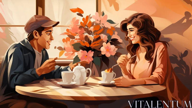 Charming Cafe Teatime Scene with Man and Woman AI Image