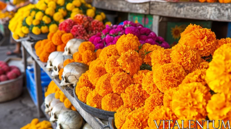 Flowers and Skulls at a Market Stall - A Captivating Display AI Image
