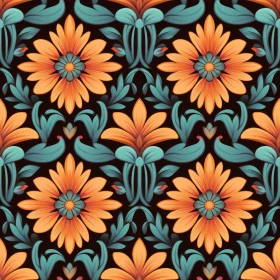 Orange Flowers and Blue Leaves Seamless Pattern