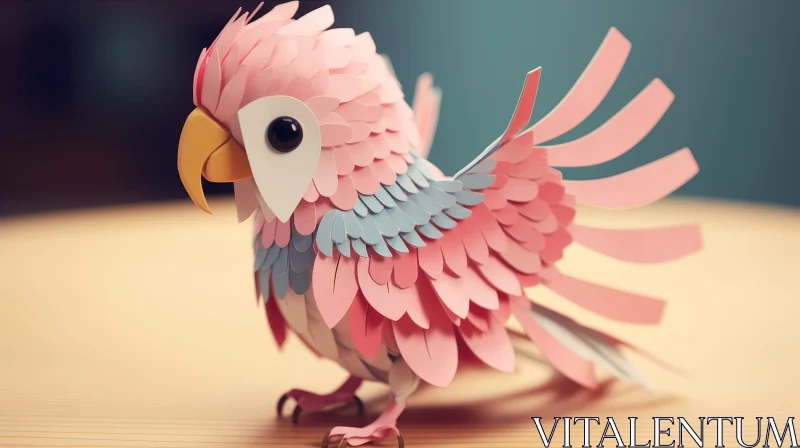 AI ART Pink Paper Parrot 3D Rendering on Wooden Table