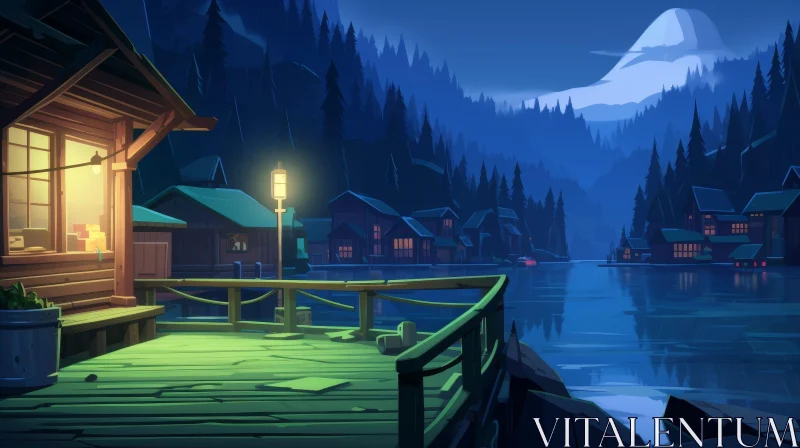 Serene Lakeside Village at Night AI Image