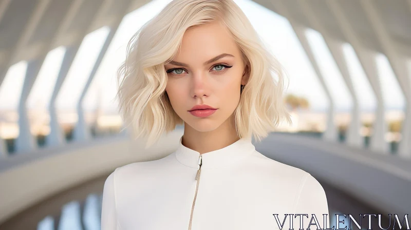 Serious Young Woman Portrait in White Turtleneck Blouse AI Image
