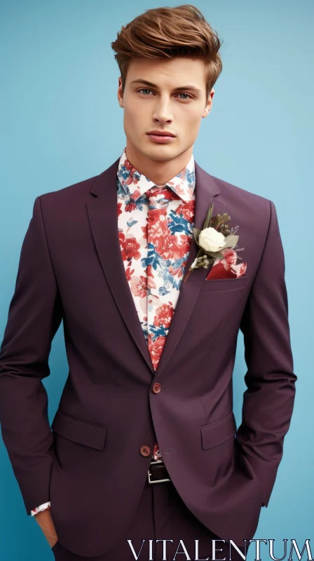 AI ART Stylish Young Man Portrait in Purple Suit | Blue Studio Background