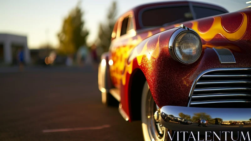 Vintage Red Car with Yellow Flames at Sunset AI Image