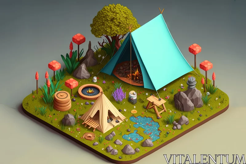 Whimsical Isometric Camping Scene Game Illustration Inspired by Nature AI Image