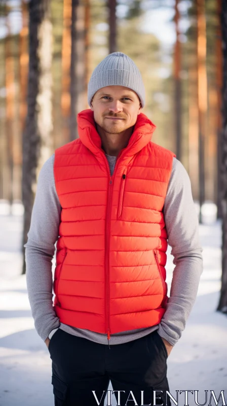 Winter Forest Portrait - Man in Gray Beanie and Red Puffer Vest AI Image
