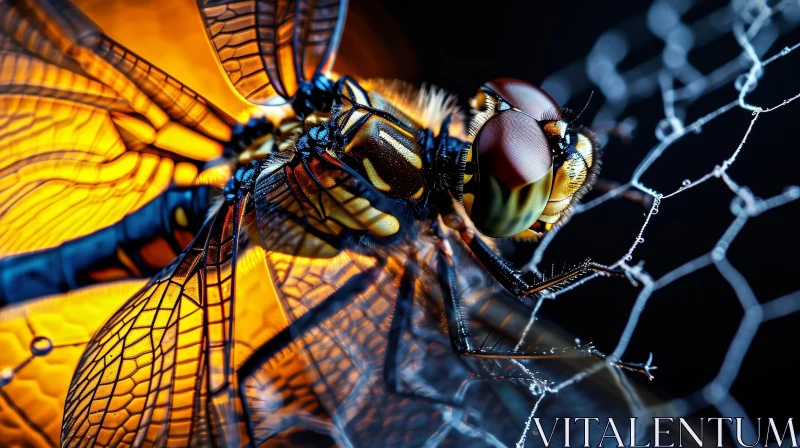 Yellow and Black Dragonfly on Web - Close-up Photo AI Image