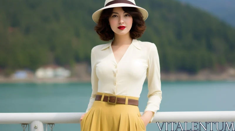 Young Woman in White Blouse and Yellow Pants on Pier with Green Hills and Lake Background AI Image