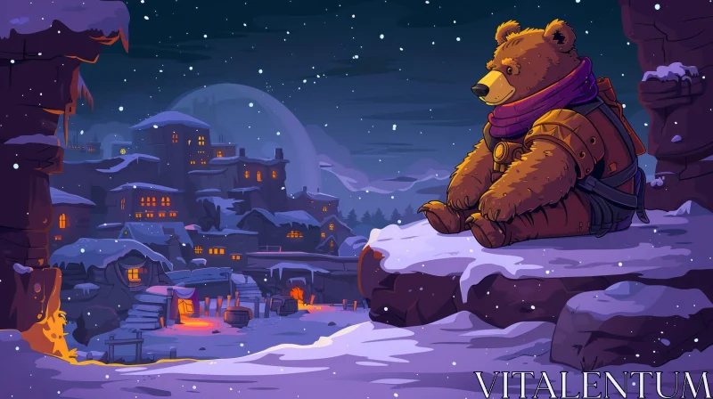 Bear Cartoon Illustration on Snowy Cliff AI Image