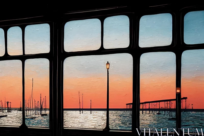 Captivating Sunset Painting with Boats and Window View AI Image