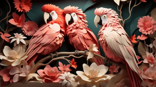 Colorful Parrots on Branch Paper Cut Artwork