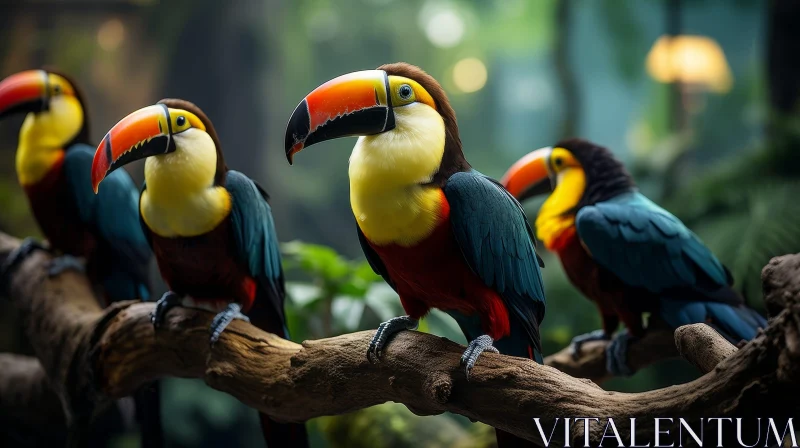 Colorful Toucans Perched on Branch - Wildlife Photography AI Image