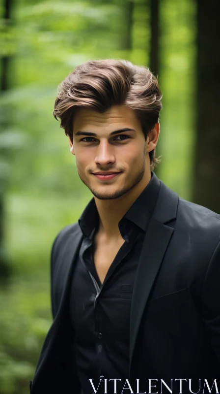Confident Young Man Portrait in Forest AI Image
