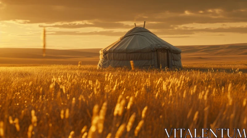 Golden Wheat Field Landscape with Traditional Yurt AI Image