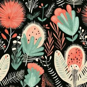 Hand-Painted Floral Pattern on Black Background