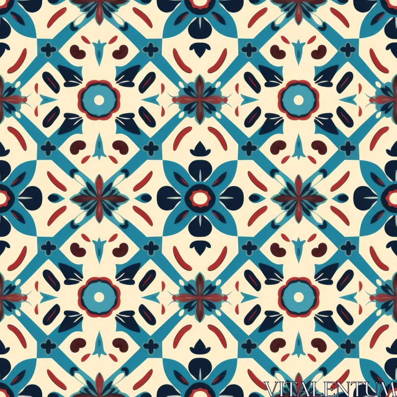 AI ART Hand-Painted Floral Tile Pattern in Blue, Red, and Yellow