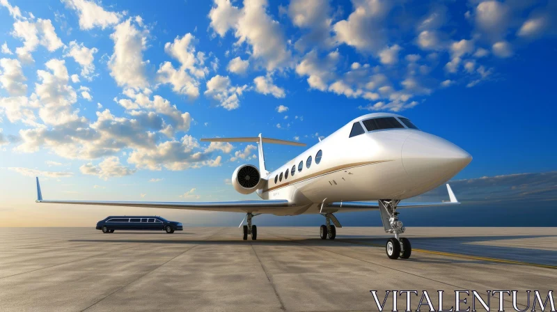 Luxurious White Private Jet and Black Limousine on Runway AI Image