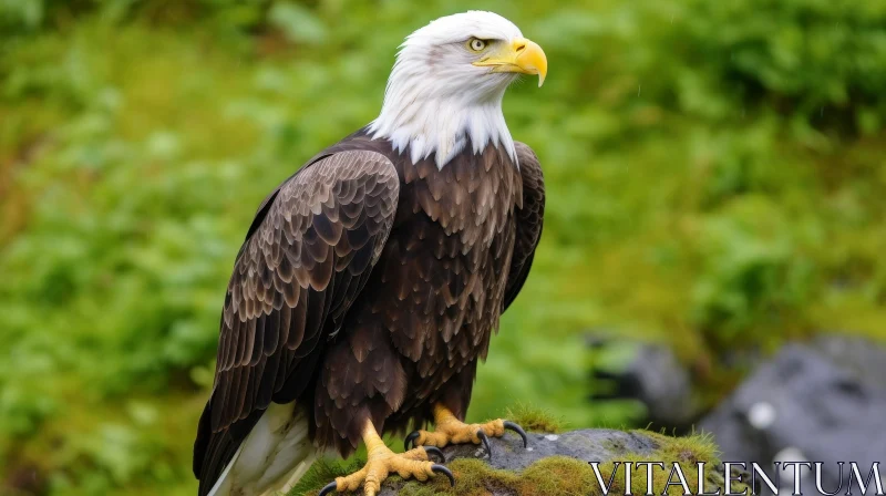 AI ART Majestic Bald Eagle Perched on Moss-Covered Rock