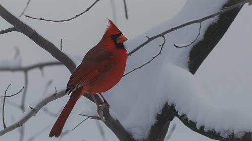 Northern Cardinal on Snow-Covered Branch
