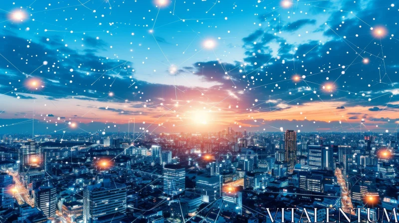 Serene Night Cityscape with Sunset and Starry Sky AI Image