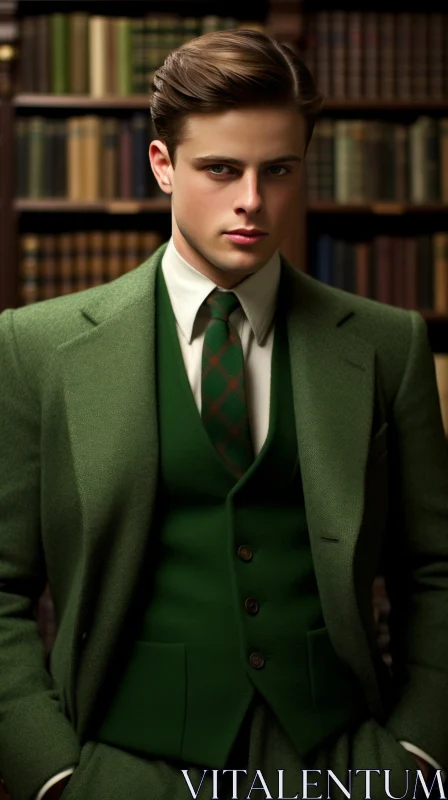 Serious Young Man in Green Suit Standing in Library AI Image