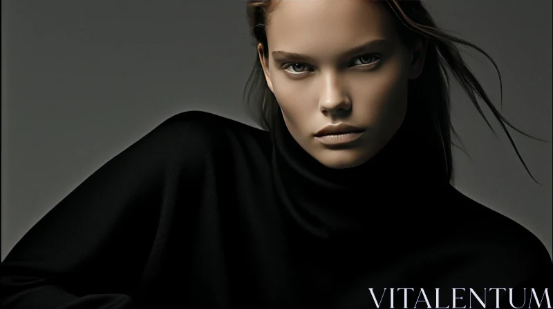 Serious Young Woman Portrait in Black Turtleneck AI Image