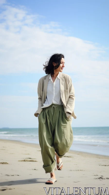 Sunny Beach Stroll: Young Woman Enjoying a Relaxing Walk by the Ocean AI Image