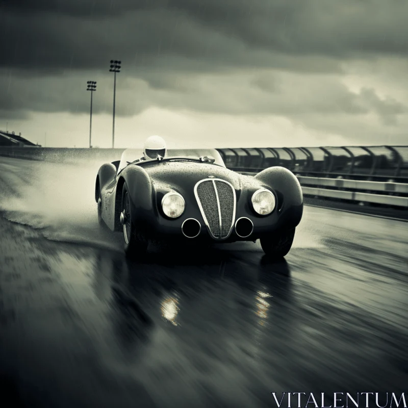 Vintage Race Car Driving on Wet Track | Dark and Brooding Design AI Image