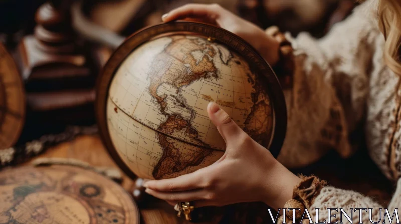 Vintage Wooden Globe in Woman's Hands | Nostalgic and Elegant AI Image